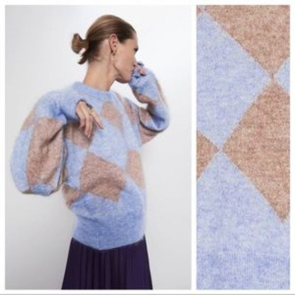 Zara Sweaters - ZARA Wool Mohair Blue Argyle Sweater S